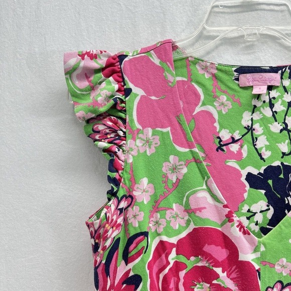 Lilly Pulitzer Pink Floral Ruffle Sleeve Dress SMALL Cotton Silk Blend - Picture 2 of 14